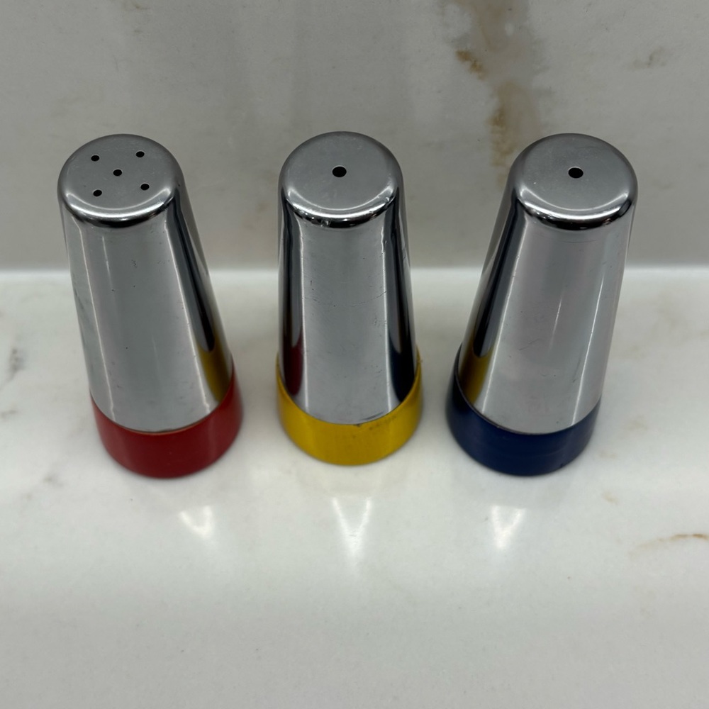 Vintage MCM Metal with Wood Base Salt and Pepper Shakers Red Blue Yellow